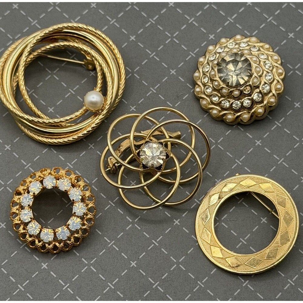 Vintage Brooch Lot of 5 Gold Tone Round Brooches Rhinestones Faux Pearls Pins
